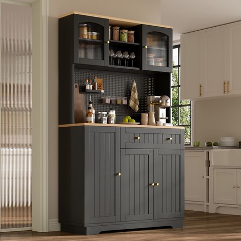 Armoire de cuisine haute avec vitrine, portes transparentes, étagères réglables, tiroir et panneau perforé, meuble de rangement noir 103,5 x 40 x 180 cm – CHICFURN (1/5)