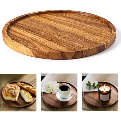 Plateau de service rond en bois d'acacia - 20 cm - Plateau de service plat - Plateau décoratif (1/5)