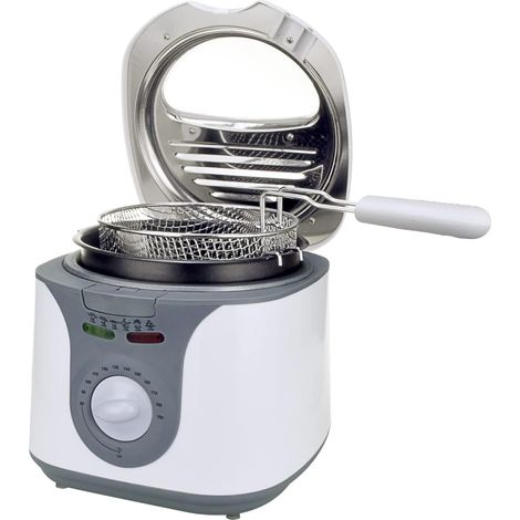 Friteuse à huile 850-950W, petite friteuse électrique de 2 litre avec hublot, panier en acier amovible lavable, température réglable, pieds caoutchoutés antidérapants, blanc (1/5)