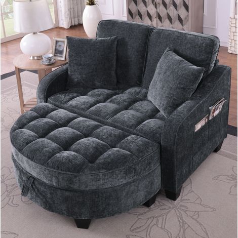 Divano letto 132x129x93 cm nero in eucalipto con pouf contenitore e trasformazione 2 in 1 (1/5)