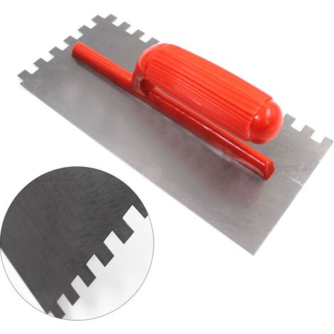 Truelle dentée rouge neuve à manche en plastique, outil de chantier, truelle en acier au carbone avec denture carrée. (1/4)