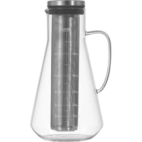 Macchina per caffè freddo con filtro in acciaio inox e caraffa in vetro borosilicato sigillata per caffè freddo, limonata, succhi di frutta e tè (1600 ml). (1/5)