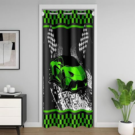 Vert Noir Voitures de Course Rideau de Porte 86x203cm Sports extrêmes Rideau Occultant Rideaux Voiture de Sport de Vitesse Chaleur Noirout Voitures Rideaux Interieur Salon Chambre - 86L X 203H cm (1 P (1/5)