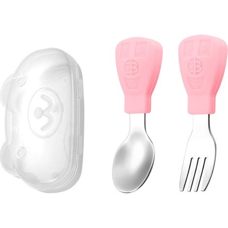 Ensemble d'ustensiles pour bébé (cuillère et fourchette) pour apprendre à manger, rose. (1/5)