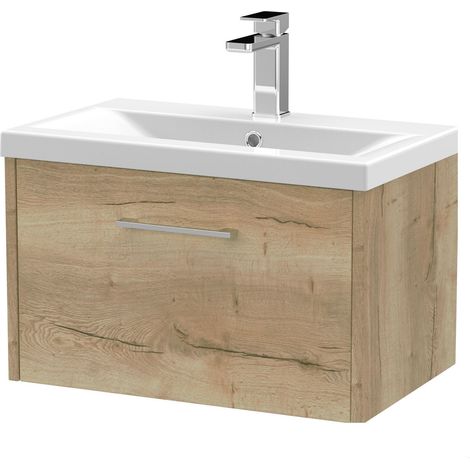 Winshill Contemporary 1 Drawer Wall Hung Vanity Unit with Mid-Edge Basin, Light Oak, 600mm