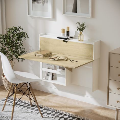 Bureau pliable mural avec étagères de rangement et placard, bureau rabattable, 100 x 18 x 74 cm effet bois naturel