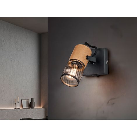 LED Wandstrahler mit Schalter, Schwarz mit Holz & Gitterschirm, Breite 9cm (1/5)