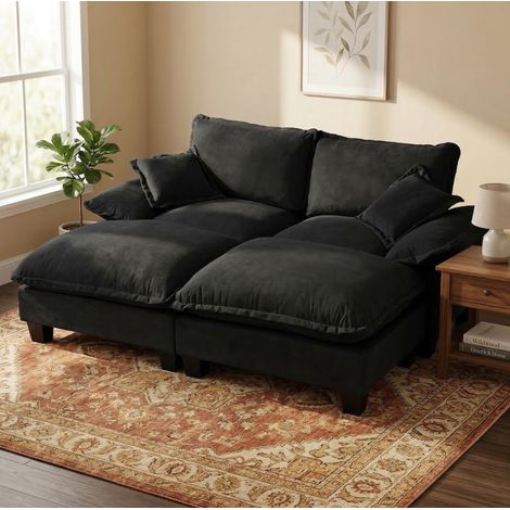 Sofá modular de chenilla negro, diseño curvo tipo nube con otomana extraíble y brazos desmontables (1/5)