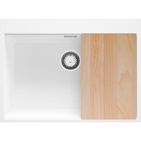 PRIMAGRAN Evier Cuisine en Granit 68x50cm,Lavabo 1 bac + Kit de Vidage + Planche à Découper, Évier à Encastrer au meuble 70cm - Oslo, Blanc (1/5)