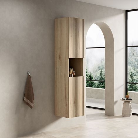 REDOM Armoire murale 160x35x35 cm avec deux portes et un compartiment de rangement ouvert grain chêne blanc (1/5)