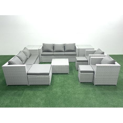 Fimous Rattan Sofa Gartenmöbel Set mit 2 Sesseln Quadratischer Couchtisch 3 Hockern 2 Beistelltischen Hellgrau gemischt (1/5)