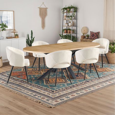 Table extensible 180-240 cm + 6 chaises tissu bouclette blanc - VENTER