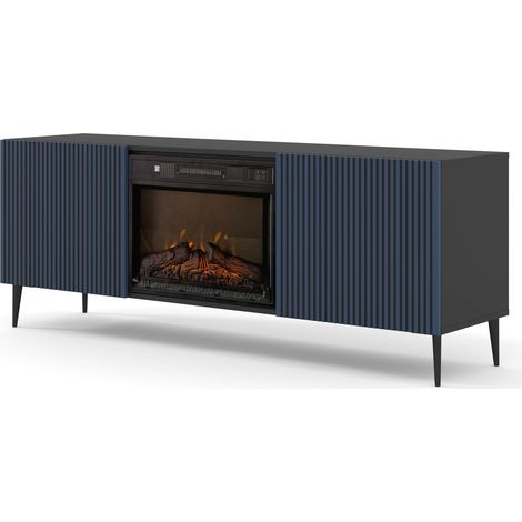 Meuble TV RAVENNA 2D 170 cm armoire avec cheminée noir / bleu marine