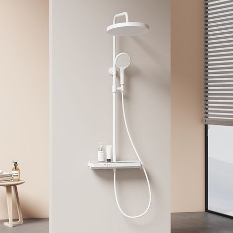 EMKE Thermostat Duschsystem mit Chlor-Filter Kindersicherung 32cm Regendusche 40cm Ablage & 3-Funktionen Handbrause Weiß
