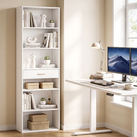 Bibliothèque haute étroite 7 niveaux MDF blanc 60x24x182cm avec tiroir et 6 étagères ouvertes design moderne stable (1/5)