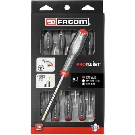 Coffret de 9 Tournevis Protwist FACOM - AT.9PB - Fente/Phillips/Prozidriv - Standard - Gris (1/5)