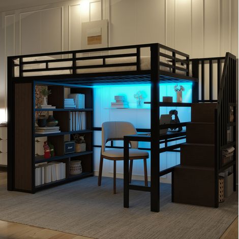 Cama alta de metal y MDF negra 140x200 cm con escritorio, estantes, escalera con almacenaje y LED (1/5)