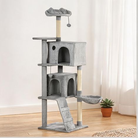 Arbre à chat grigio Chiaro en truciolato Peluche 48 x 48 x 160 cm (1/5)