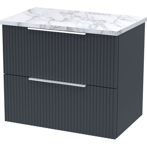 Hudson Reed Fluted Wall Hung 2-Drawer Vanity Unit with Carrera Marble Worktop 600mm Wide - Satin Anthracite (1/3)