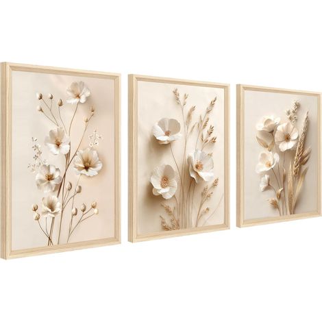 3Pcs Cadre en bois Impression sur Toile Beige Neutre Floral Tableau Peinture Floral Botanique Minimaliste Tableau Decoration Murale Salon Chambre Salle de Bain Maison 30x40cm x3pcs (Pas de plexiglas) (1/5)