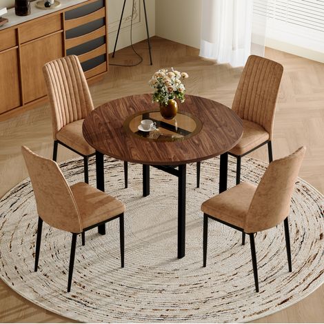 Ensemble de salle à manger MDF effet bois brun et verre, 1 table ronde Ø100 cm avec 4 chaises tissu brun et pieds métal noir (1/5)