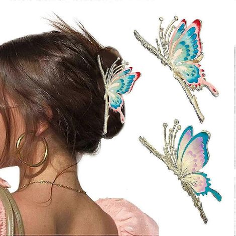 Pinces à cheveux papillon pour femmes (lot de 2) - Grandes pinces à cheveux papillon en métal résistant et antidérapant - Pinces à cheveux scintillantes - Pinces à cheveux mignonnes - Grandes pinces p (1/3)