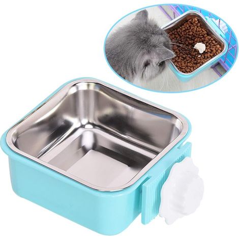 Gamelle suspendue amovible en acier inoxydable pour animaux de compagnie, gamelles pour nourriture et eau pour chats, lapins et oiseaux, 2 tailles (S, bleu) (1/5)