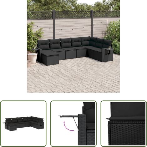 Gartensessel - 8-tlg. Garten-Sofagarnitur mit Kissen Schwarz Poly Rattan (1/5)