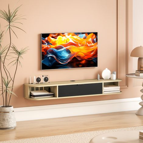 Mobile porta TV a parete da 120 cm, supporto per TV fino a 50 pollici, cassetto a ribalta, 2 ripiani, 120x24x16 cm, nero (1/5)