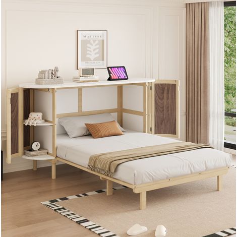 Lit escamotable mural en bois naturel 140x200 cm avec sommier à lattes, rangements intégrés et façade effet rotin (1/5)