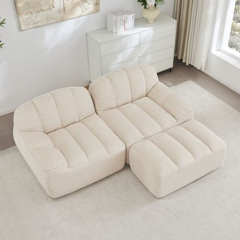 Canapé modulaire désossé en forme de L 2 places,forme de coquille,coussins profonds avec 1 pouf,canapé pour le salon,pas besoin de monter,blanc beige (1/5)