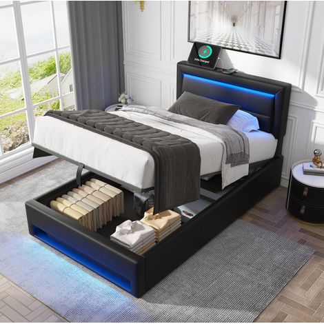 Letto a cassone singolo 90x190 cm imbottito con LED e porta USB, ecopelle nera, senza materasso (1/5)