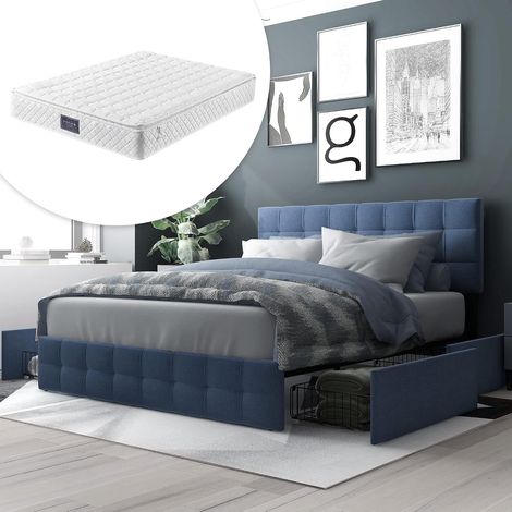 Cama doble tapizada con somier de láminas, cabecero regulable en altura y costuras cuadradas, soporte de láminas metálicas, tejido de lino, 140 x 200 cm (colchón incluido, azul). (1/5)