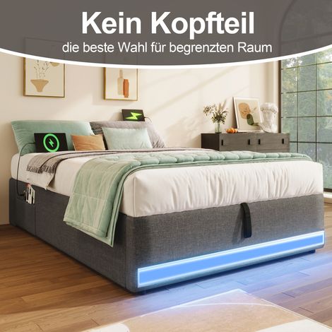 Lit capitonné gris 90x200cm avec éclairage LED, ports USB-C, rangements latéraux, sommier hydraulique, sans tête de lit, matelas non fourni (1/5)