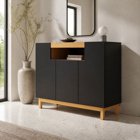 Buffet moderne 3 portes avec niche ouverte, 120,5 x 42 x 96 cm, noir, panneaux de bois, FloraGrace (1/5)