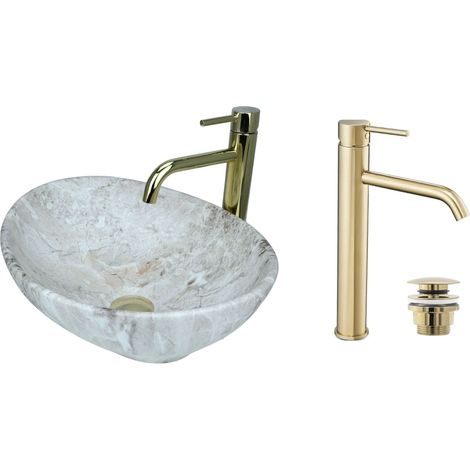 GTM Design Aufsatzwaschbecken 41 cm Matt Set mit Waschtischbatterie und Stopfen - Aufsatzwaschbecken Oval für Badezimmer - Modernes Waschbecken ohne Hahnloch - Waschbecken mit Armature (1/5)