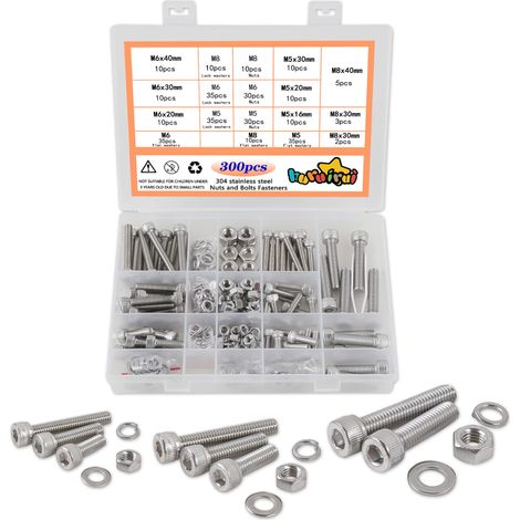 M5 M6 M8 Vis et écrous Rondelles Ensemble Assorti,300pcs 304 Acier Inoxydable Socket Head Cap Vis Boulons et Écrous Kit, Filetage Machine Boulons et Écrous Ensemble Outils Assortiment (1/5)