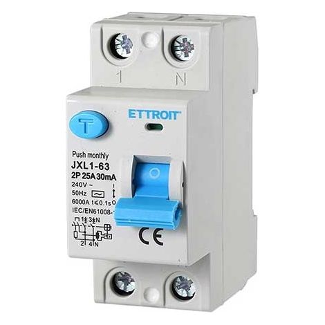 ETTROIT reiner Fehlerstromschutzschalter, 2P, 25 A, 6 kA, 30 mA, 220 V, Lebensretter, 2 DIN-Module, Ettroit JX322561