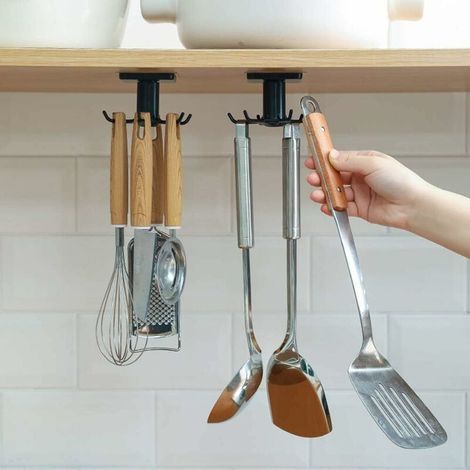 INHHUB 360° Rotating Kitchen Utensil Holder, 6 Hooks Under Cabinet Kitchen Utensil Rack, No Drilling Required Storage Hooks Organizer Rack for Kitchen/Bathroom - INHHUB (1/5)