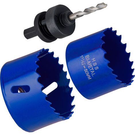 Kit de 2 sierras de corona bimaterial HSS diámetros 50 y 60 mm con portabrocas y broca de centrar QUICK PLOMBERIE (1/5)