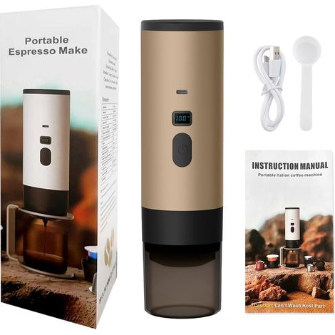 Portable Refillable Coffee Maker, Travel Coffee Maker, Compatible with Capsules and Ground Coffee, with Cup for Commuters, Champagne Color, Mini (1/5)