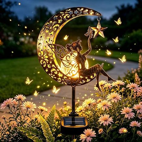 Decorative Outdoor Solar Light, Metal Moon Fairy Solar Lantern with Crackle Glass Ball Warm White, Waterproof Solar Outdoor Lighting for Yard Balcony Lawn Driveway (Fairy, Star) (1/5)