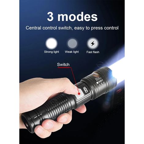 Lampada ultra potente da 2.000.000 lumen con display elettronico digitale, presa d'acqua, funzione zoom, lampada portatile per l'attività buiten zoals kamperen. (1/5)