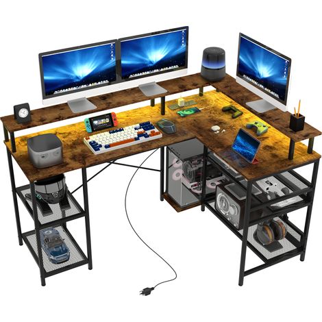 LED Light 'L' Computer Desk, Shelves - Brown (1/5)