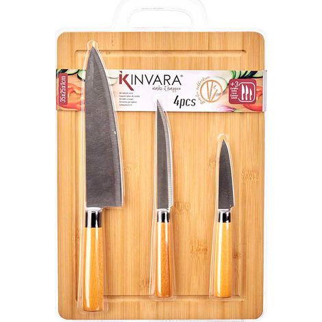 TABLA BAMBU 40x26,3x4 CM + 3 CUCHILLOS KINVARA
