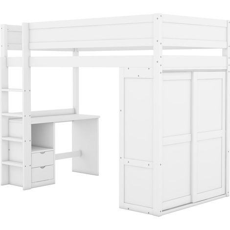 Lit mezzanine 90 x 200 cm pour enfant avec bureau, armoire et tiroirs, blanc, HOMVRA (1/5)