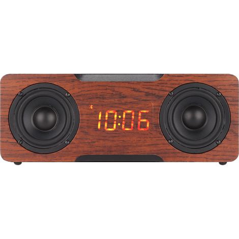 Bluetooth-Lautsprecher aus Holz mit Digitaluhr, Bluetooth-fähig, AUX-Eingang und Speicherkartenwiedergabe. Braune Holzoberfläche. (1/5)