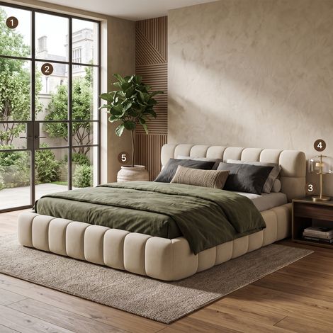 Superaly-Lit Double 140x200 cm,Lit Capitonné Intégré,Cadre Rembourré,Base à Lattes,Design Moderne Artistique,Adultes et Adolescents,Linge, Beige (matelas non inclus). (1/5)