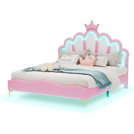 Lit double 140x200 cm princesse rose avec tête de lit couronne, LED d'ambiance et hauteur réglable, structure MDF et cuir régénéré, CHICFURN (1/5)