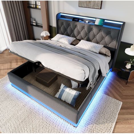 Letto imbottito 180x200 cm grigio con contenitore idraulico, testiera con LED, USB e Type-C, stile classico, senza materasso, per la camera da letto moderna - CHICFURN (1/5)